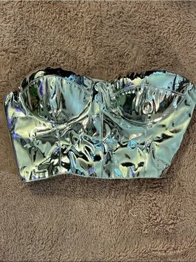 FASHION NOVA Silver Metallic Bustier Crop Top - Holographic Silver
